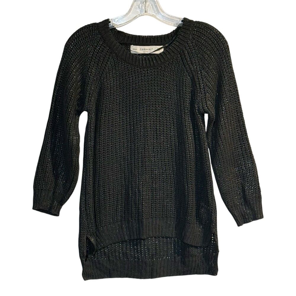 Zara Knit Black Open Knit Shimmer Tunic Sweater Women’s M 3/4 Sleeve